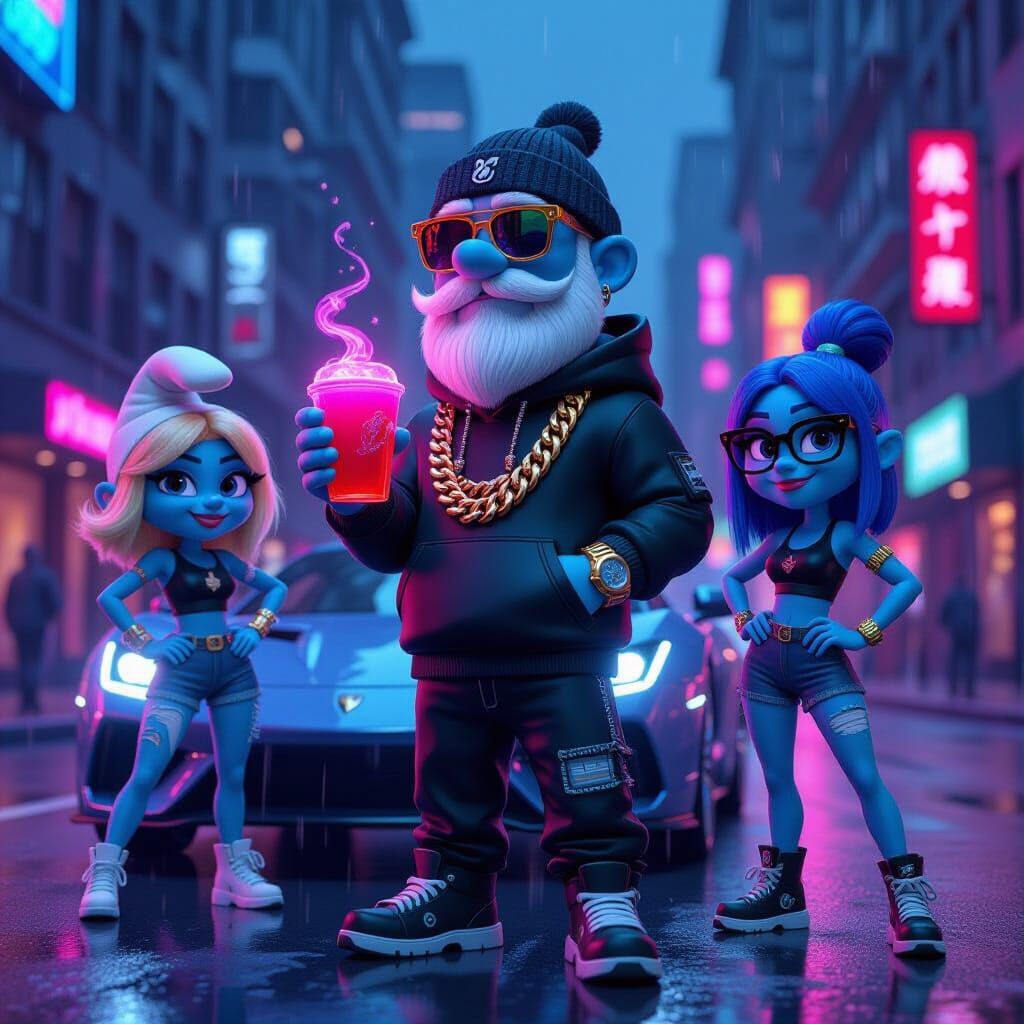 Cyberpunk Smurf Characters on Neon City Street Poster