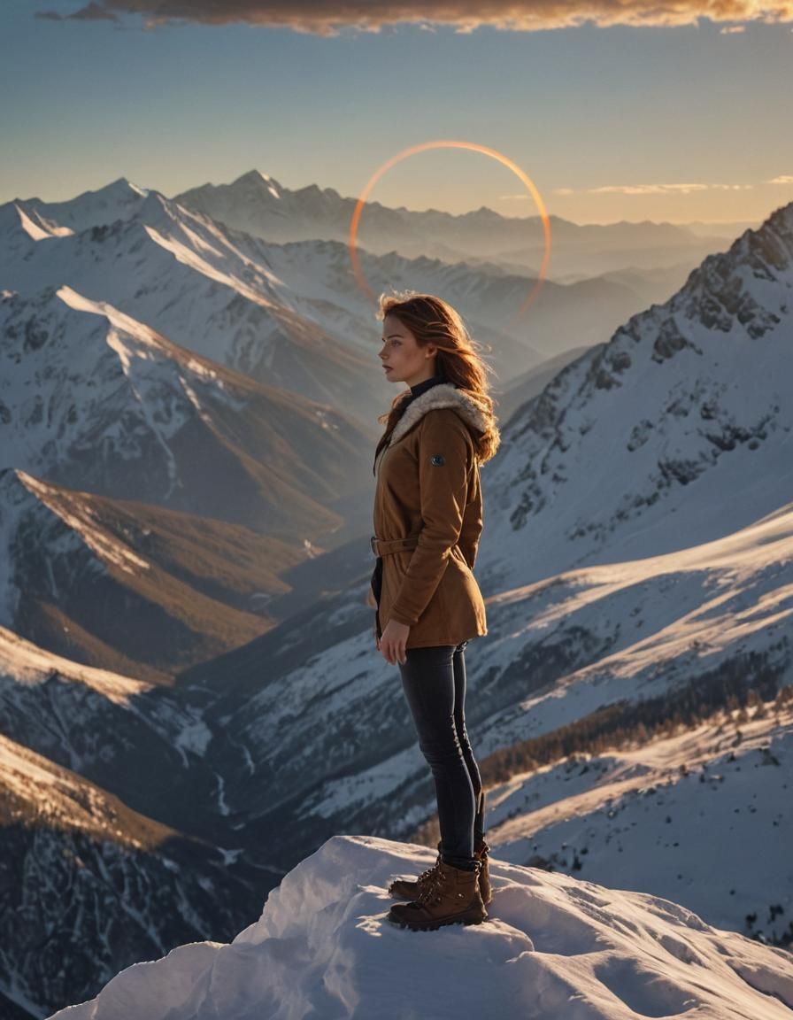Woman on Mountain Peak at Sunset