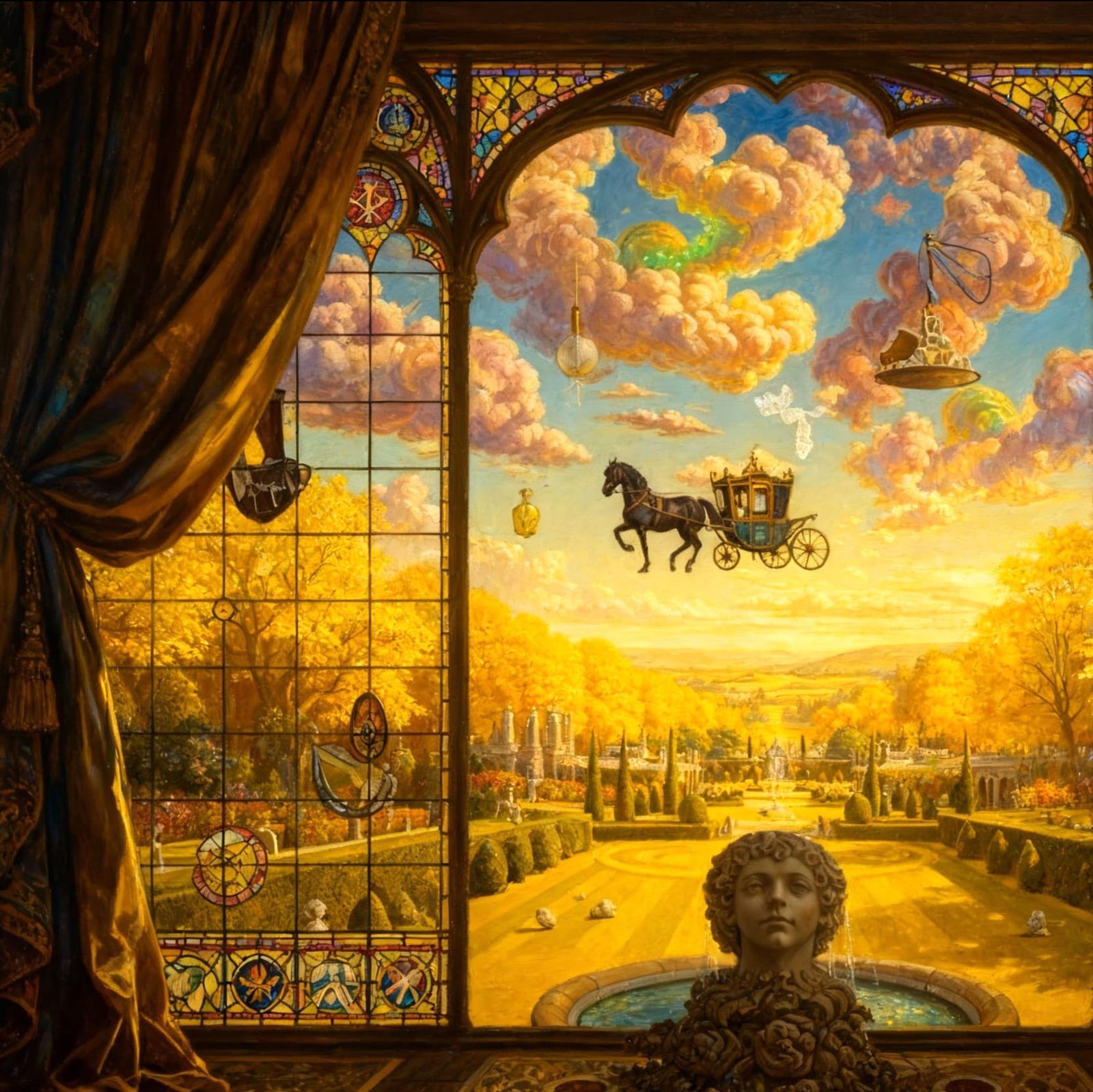 Surreal Victorian Autumn Garden Through Stained Glass Window