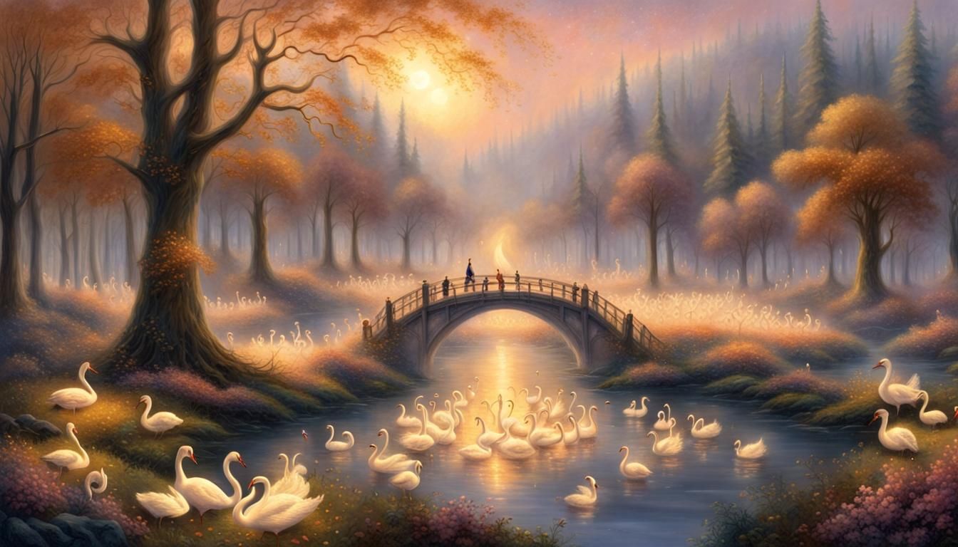 Golden Swans Circle Above Dark Grove in Ethereal Style