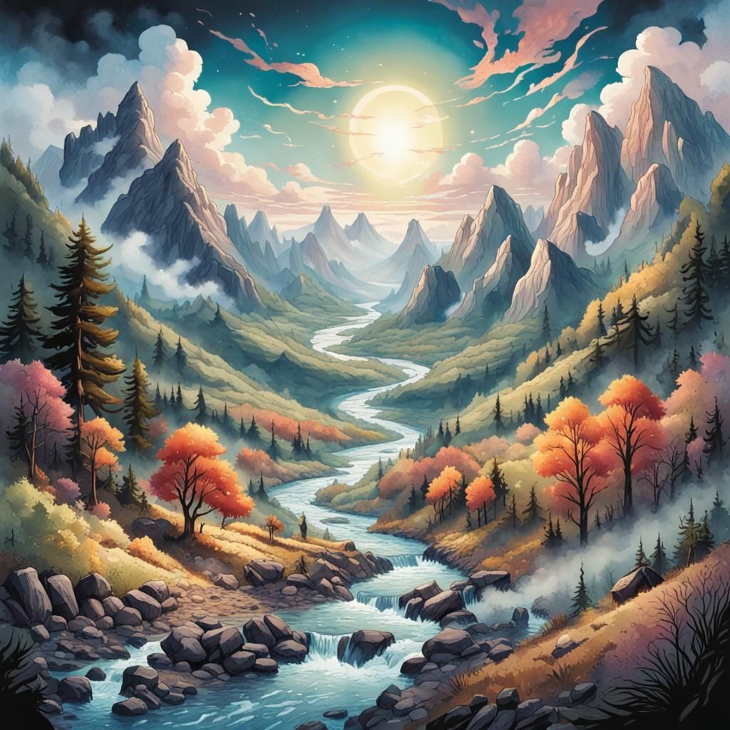 Floating Island with Colorful Animals in Watercolor Style