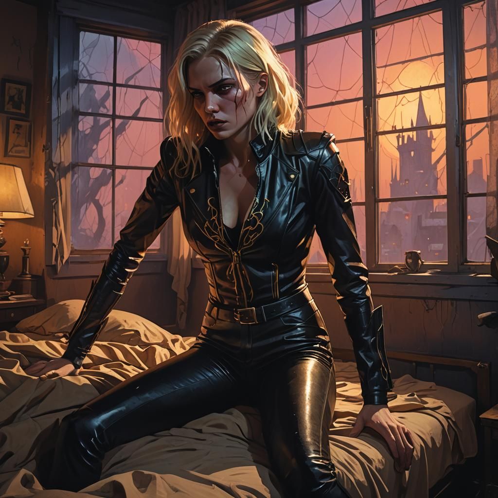 Leather-Clad Heroine Battles Vampire in Dark Fantasy Art
