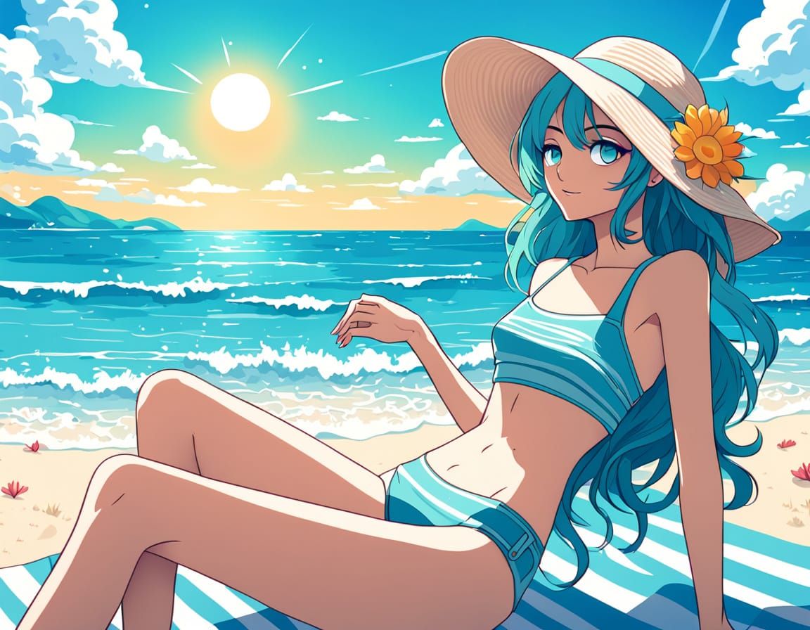 Woman Relaxing on Sunny Beach in Anime Style