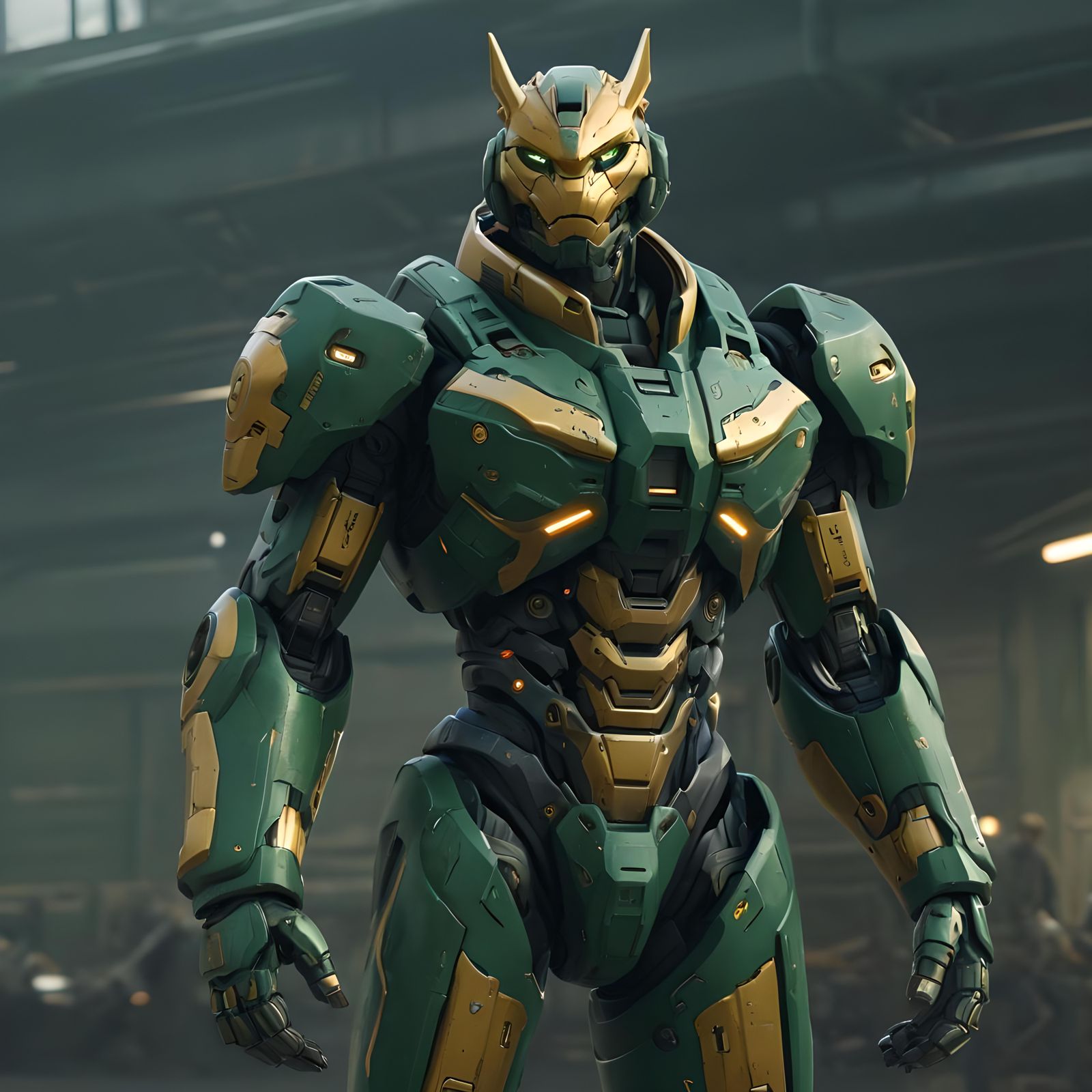 Lion Pilot in Green and Gold Mecha Suit