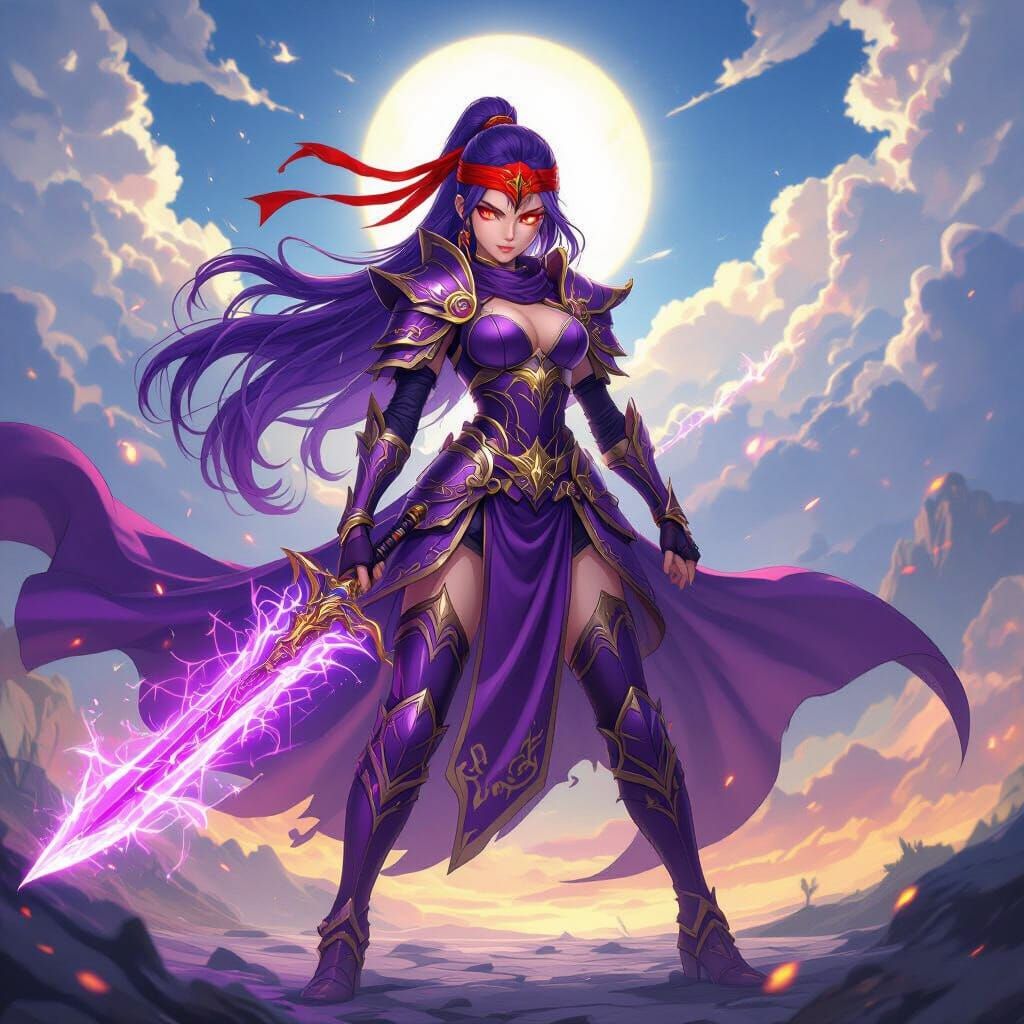 Anime Warrior Girl with Purple Armor and Magic Sword