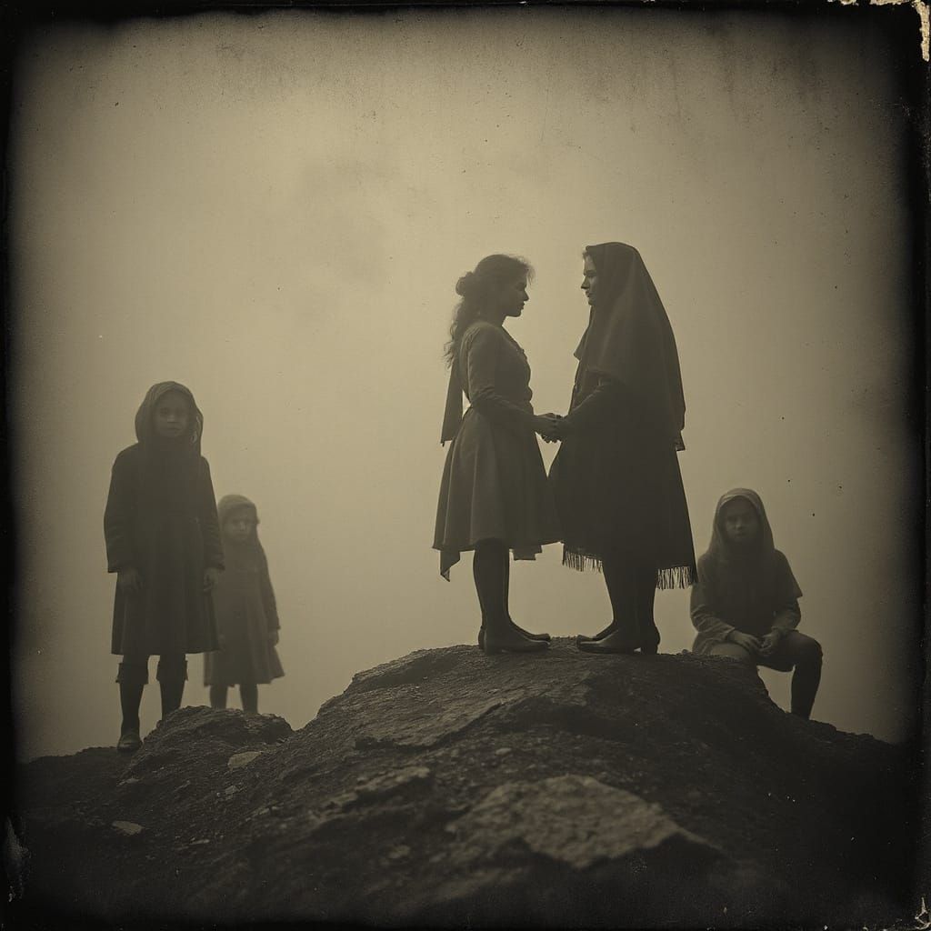 Eerie Meeting on Hill as Vintage Photogravure