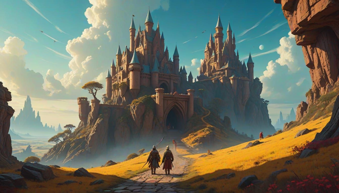 Medieval Fantasy Adventurers Approach Inverted Castle
