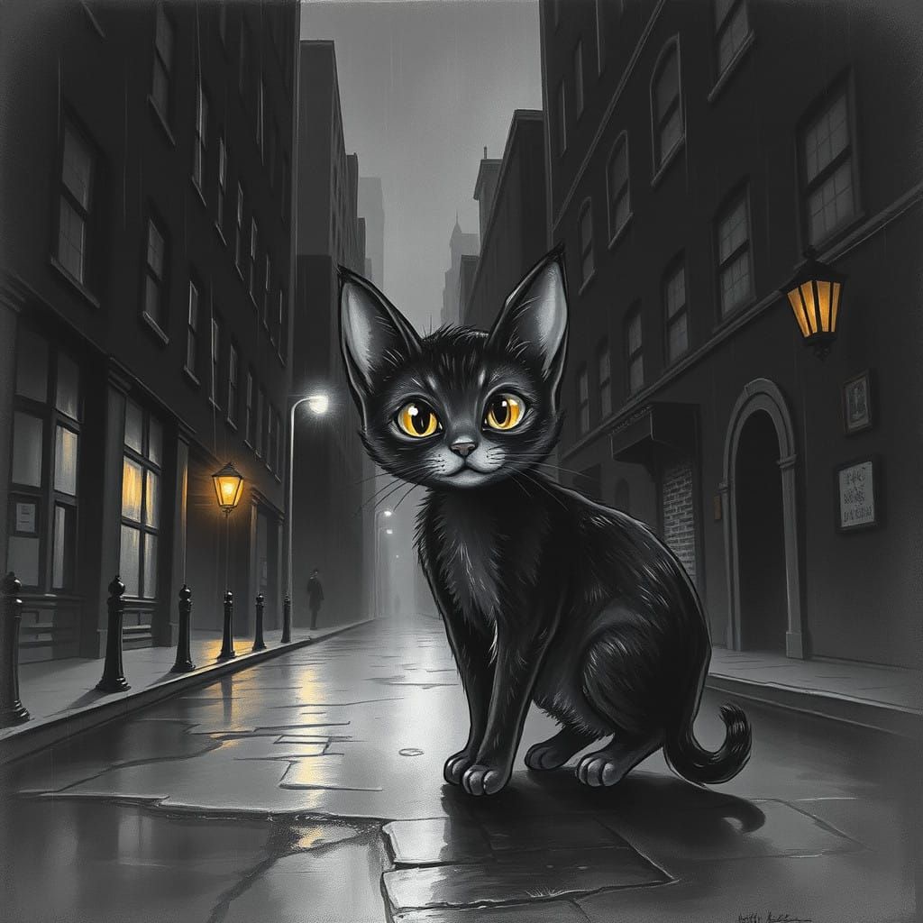 Whimsical Noir Kittie Cat in Moody Cityscape