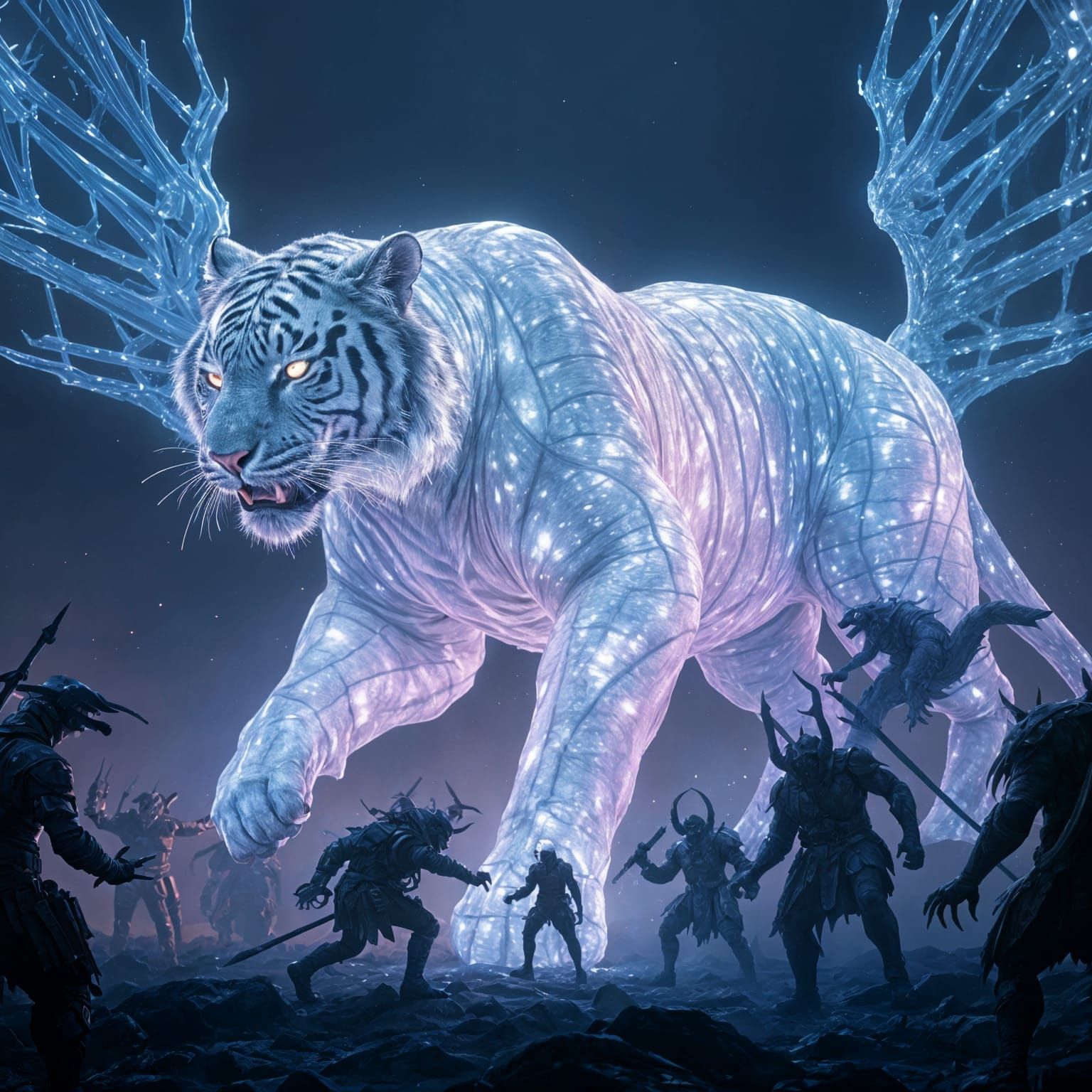 Mystical Light Tiger on Dark Battlefield