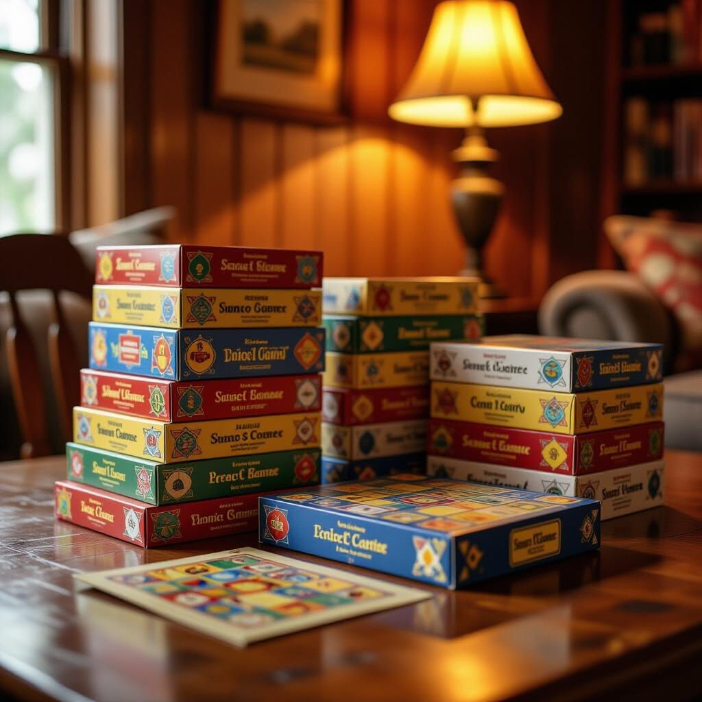 Colorful Board Games Stacked on Wooden Table