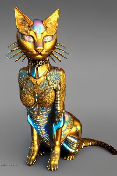 Opalescent Armored Cat Woman in Biopunk Style
