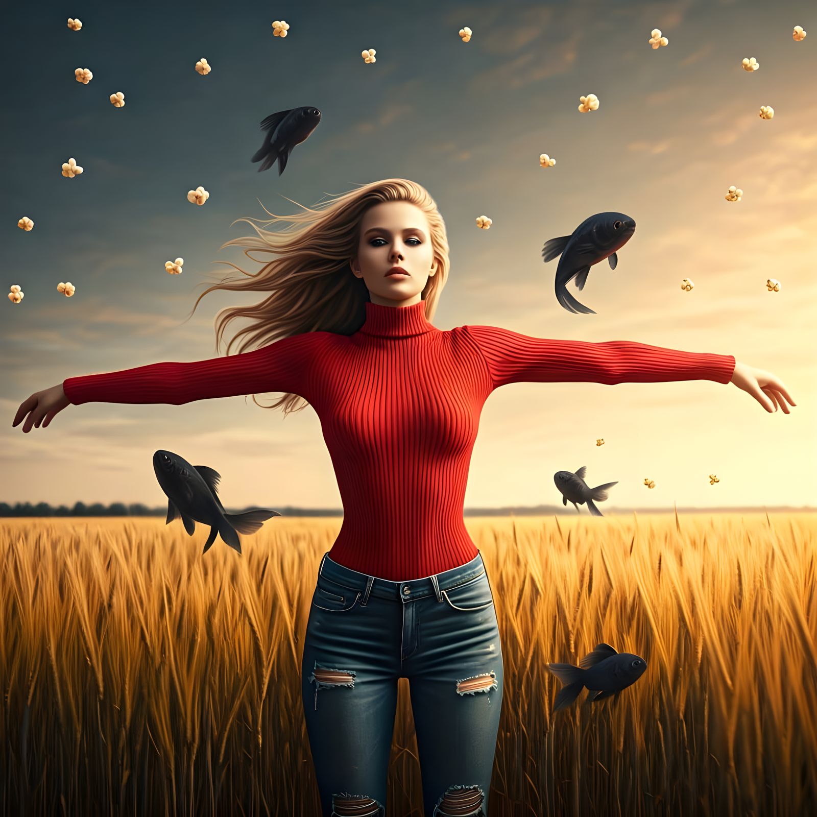 Surreal Popcorn Rain in Wheat Field