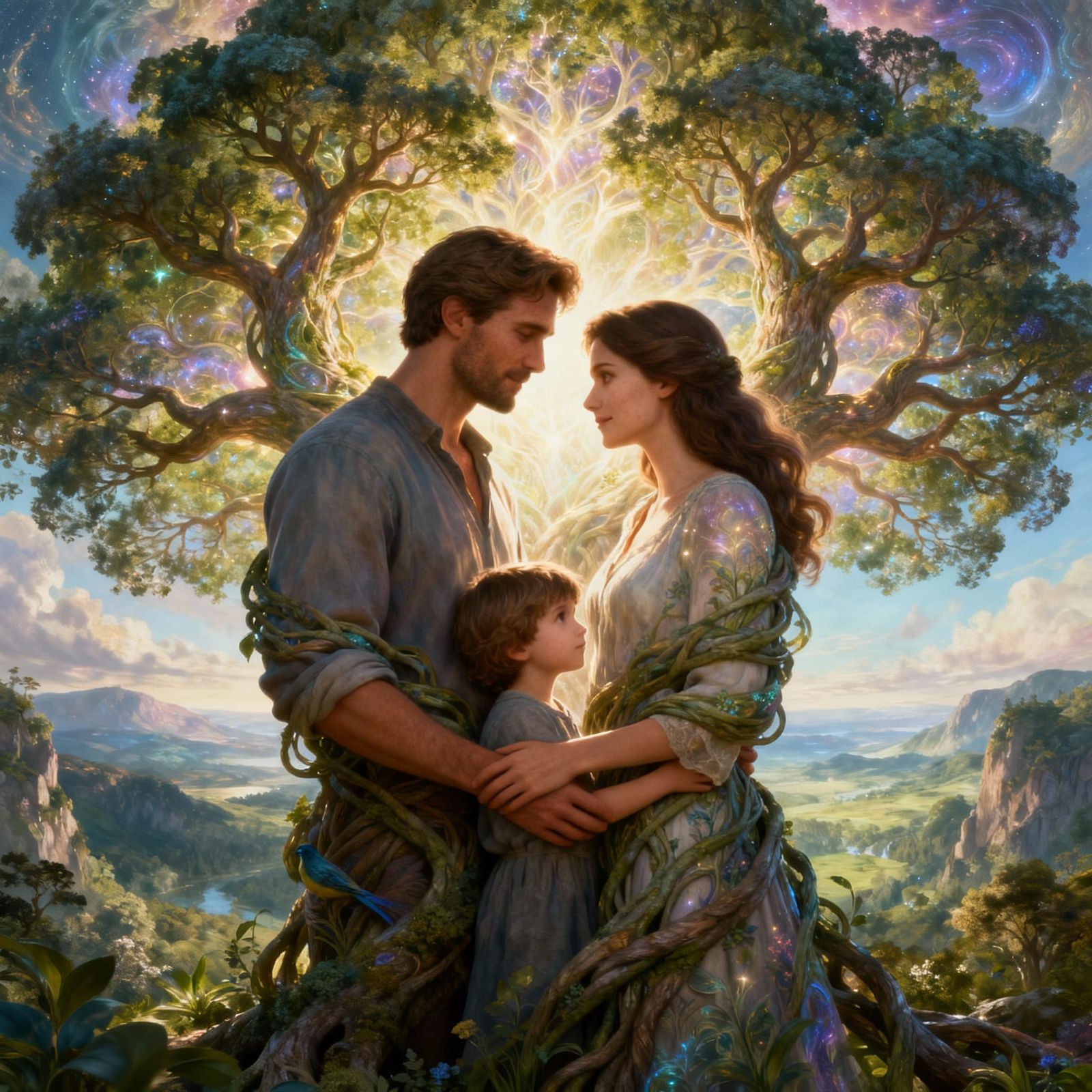 Family Tree of Life Double Exposure in Surreal Landscape