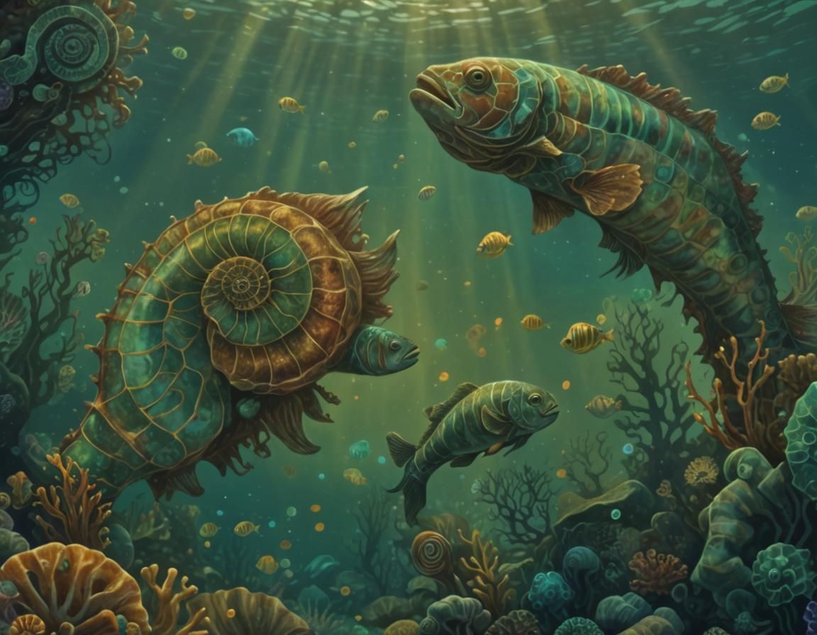 Prehistoric Underwater Scene in Abstract Fractal Style