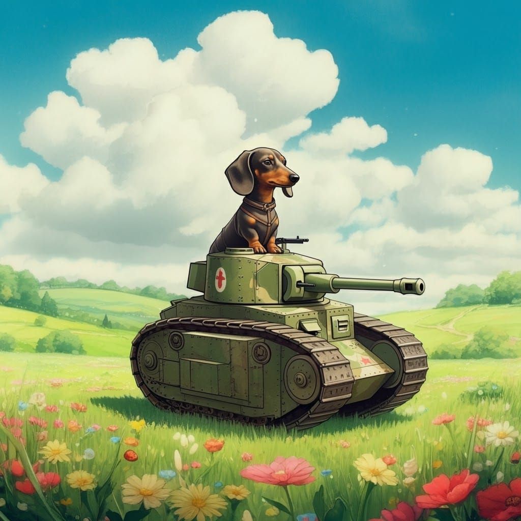 Dachshund Tank Commander in Ghibli Style