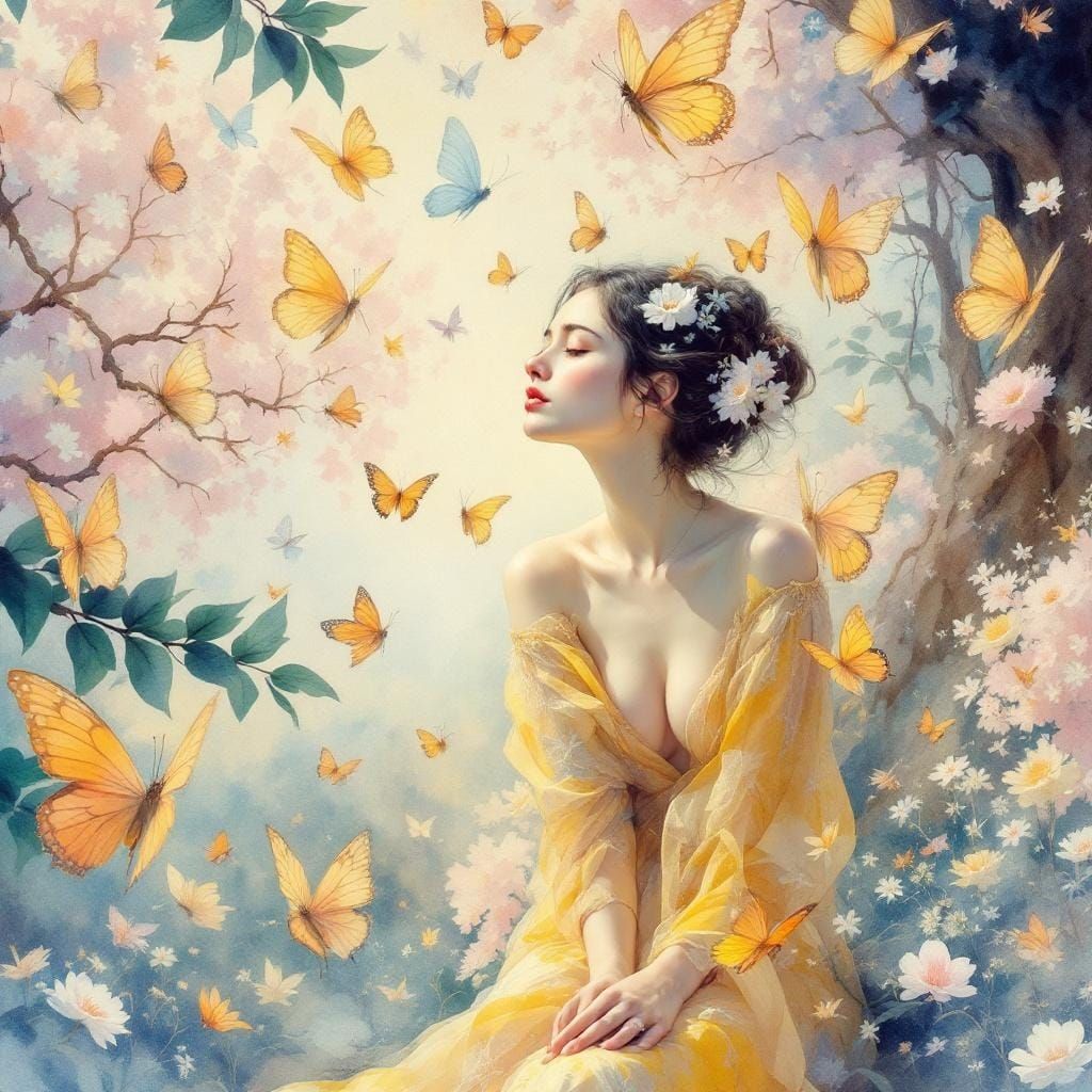Ethereal Woman Surrounded by Lovesick Butterflies in Waterco...