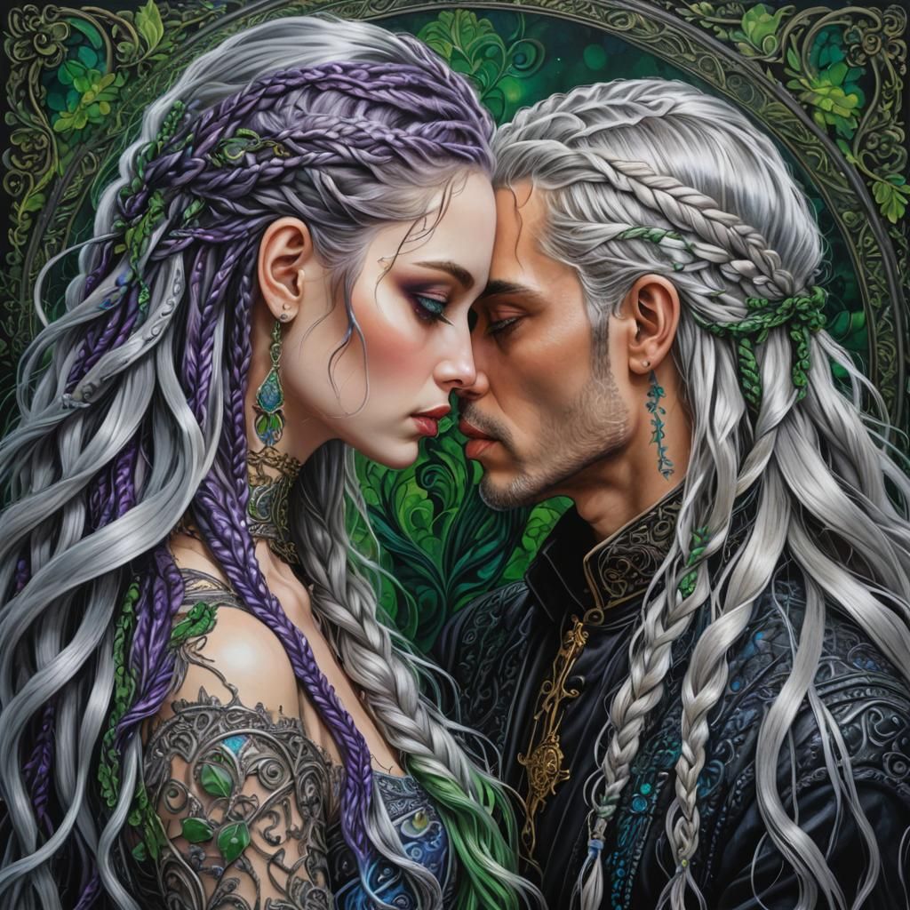 Ornately Beautiful Couple Kissing with Flowing Hair