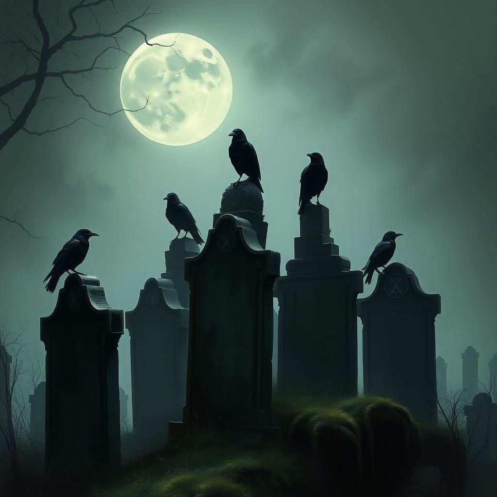 Dark Crows Gather in a Fog-Shrouded Graveyard