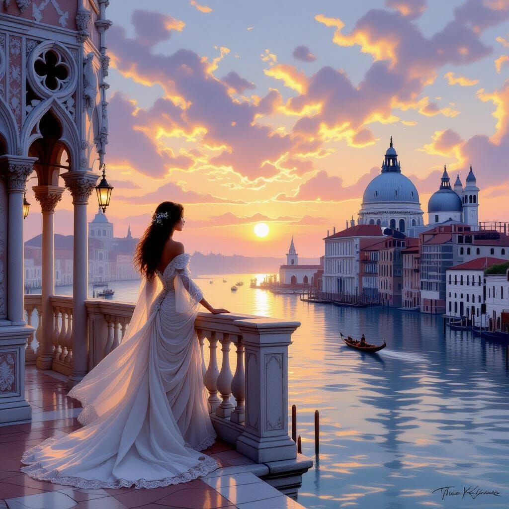 Venetian Sunset Over Misty Balcony, Whimsical Woman