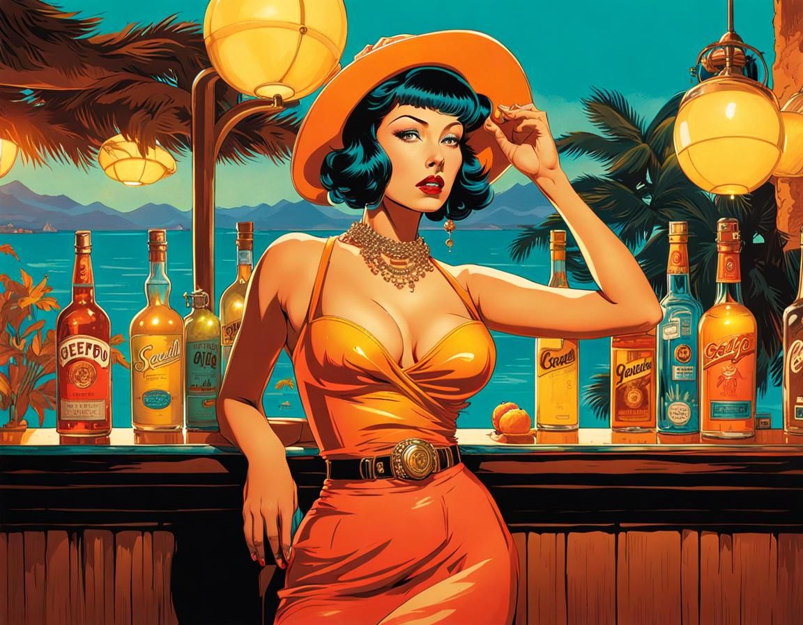 Seductive Cyber Barmaid in Retro Pin-Up Style