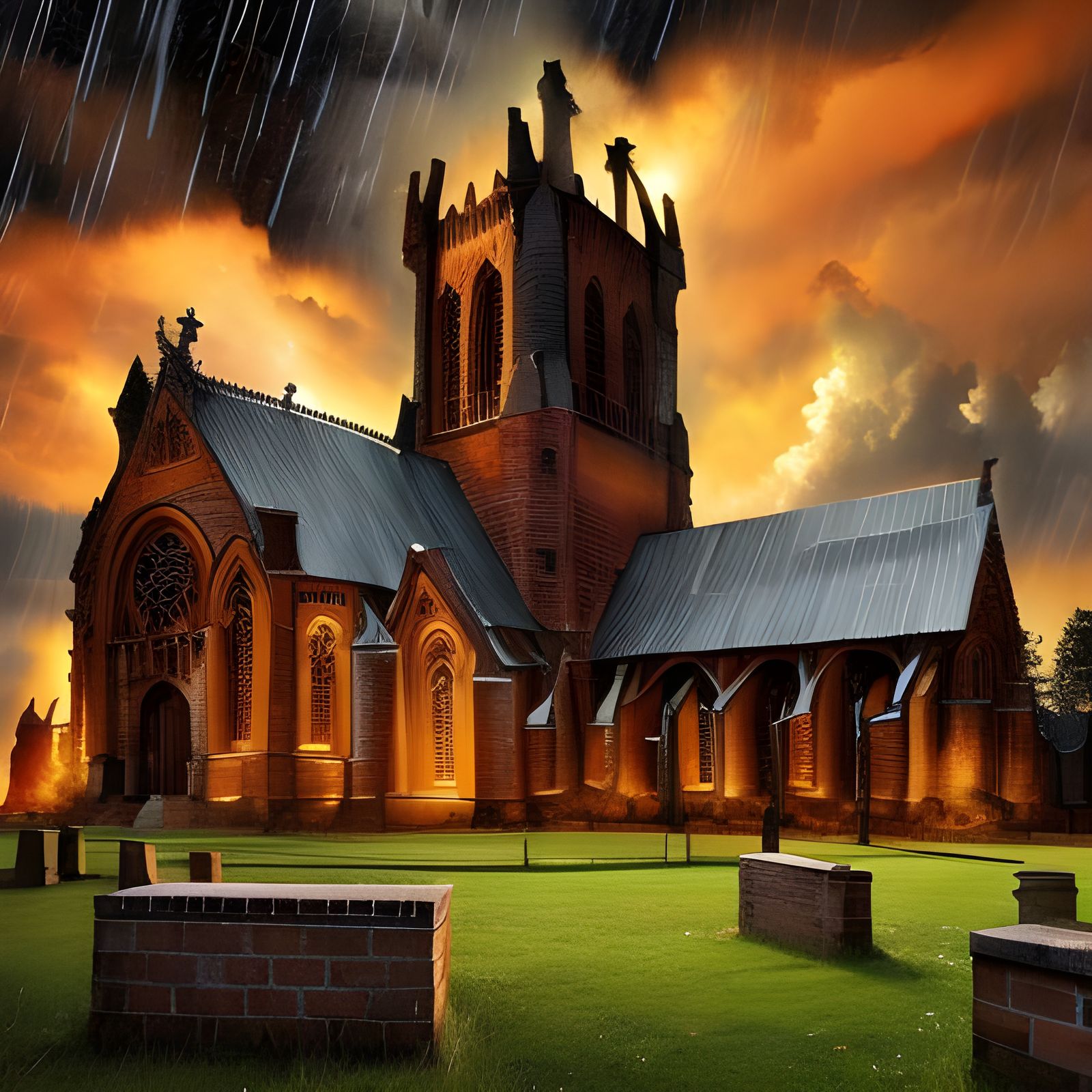Gothic Cathedral Ablaze in Turbulent Thunderstorm