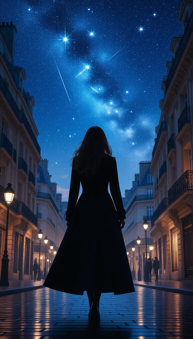 Parisian Woman Under Starry Sky with Broken Reality