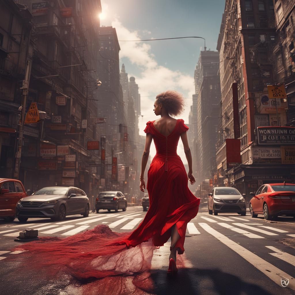 Woman in Red Dress Crossing City, Detailed Digital Art