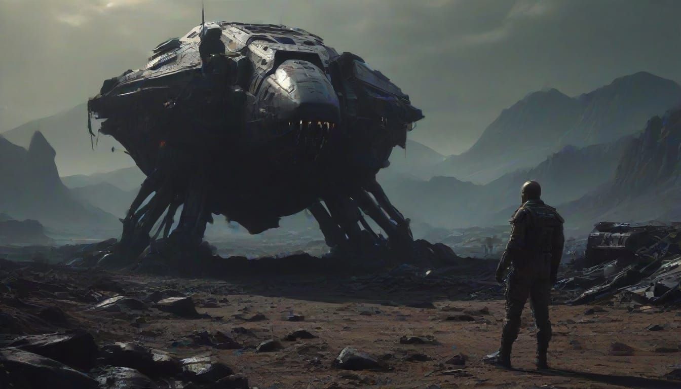 Heroic Commander Stands Amidst Alien Battlefield Ruins