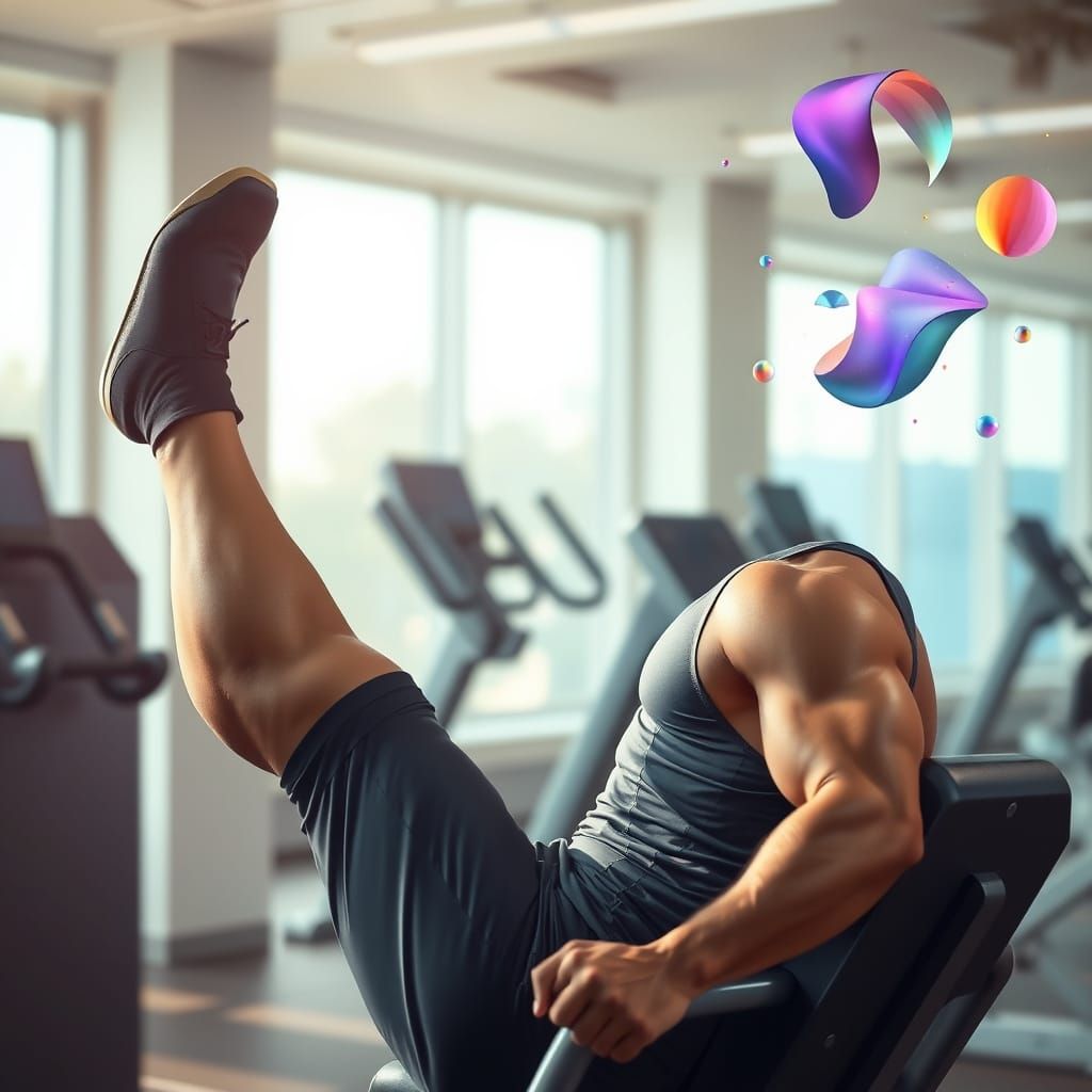 Surreal Gym Scene: Man Training with Dreamlike Overlays