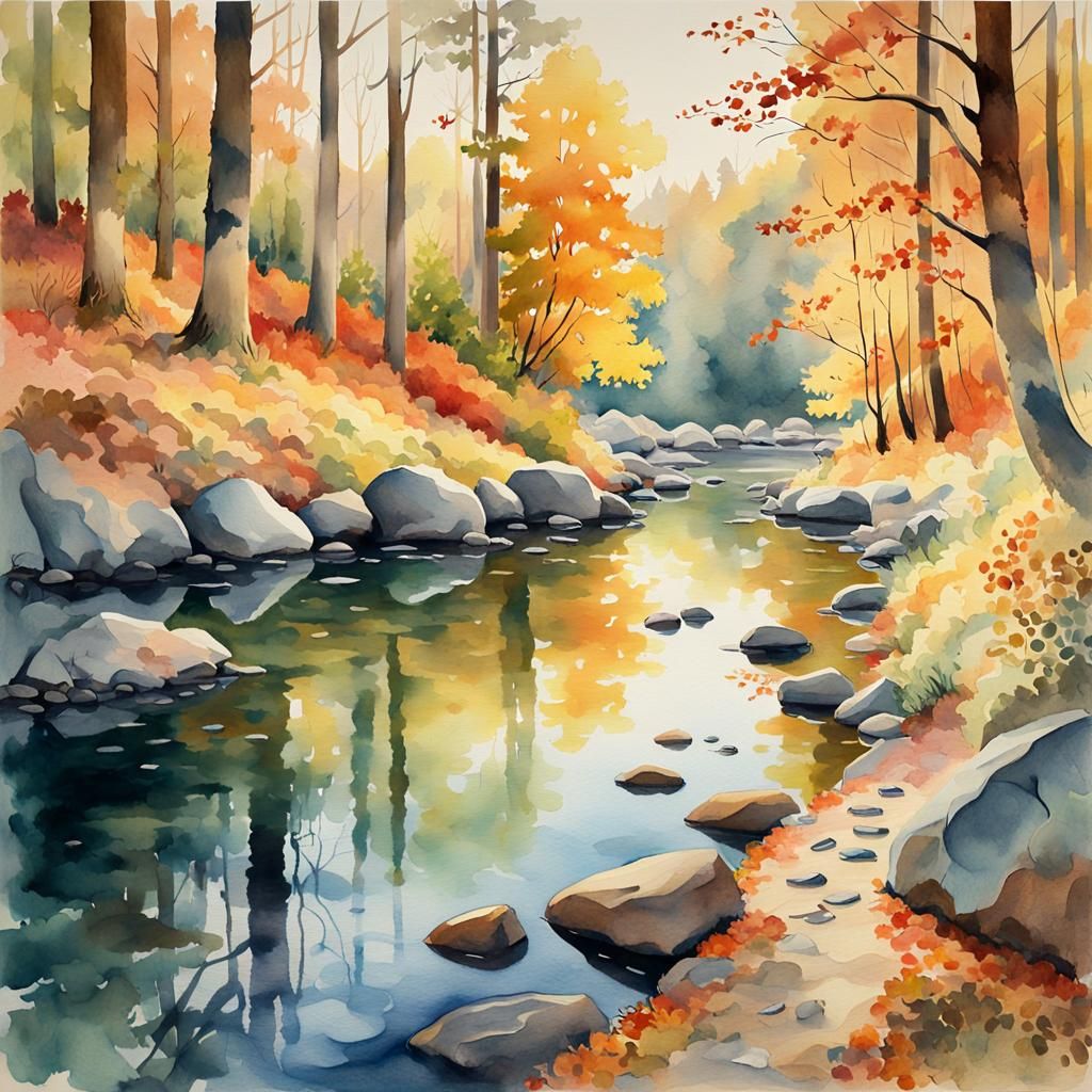 Autumn Forest Tranquility in Watercolor Style