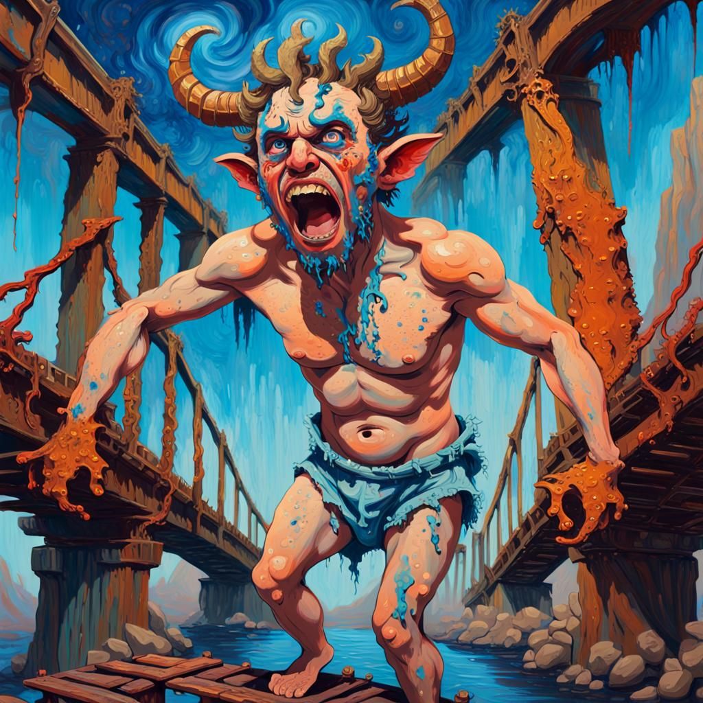 Expressionist Satyr Screaming on a Twisted Bridge