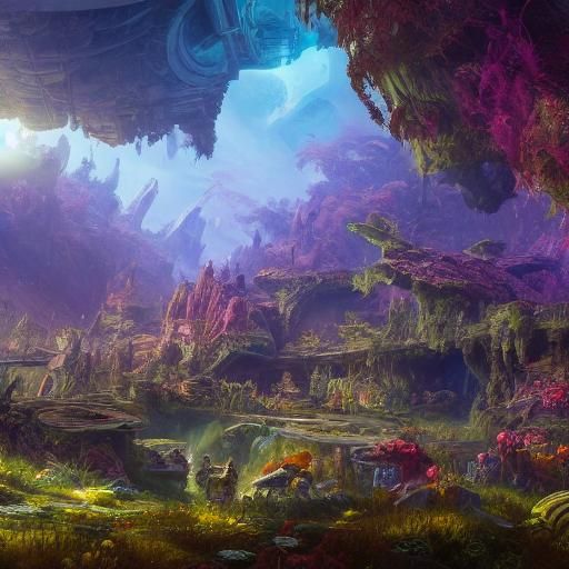 Crashed Starship Overtaken by Alien Flora, Detailed Matte Pa...