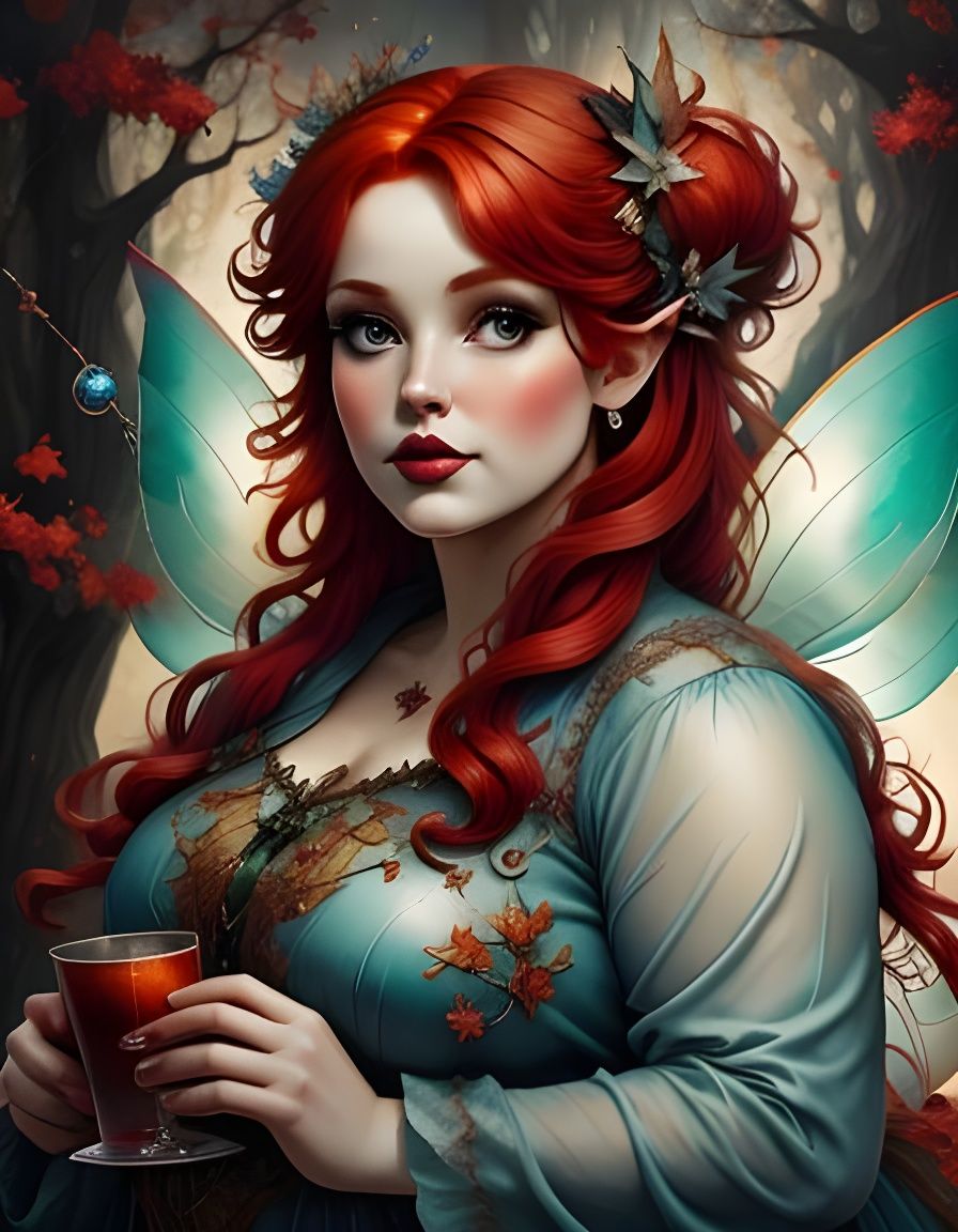 Enchanted Forest Scene with a Red Haired Fairy