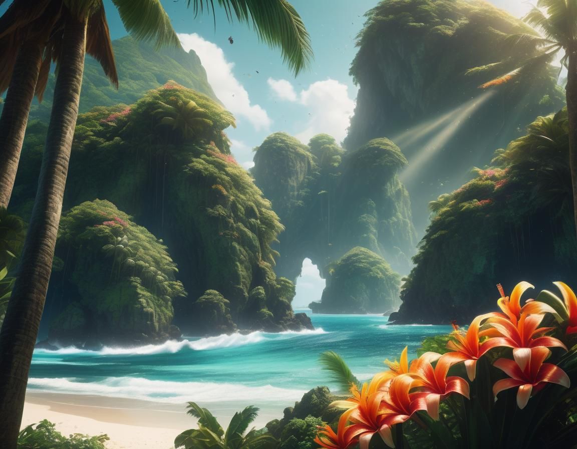 Lush Tropical Island Oasis in Digital Matte Painting