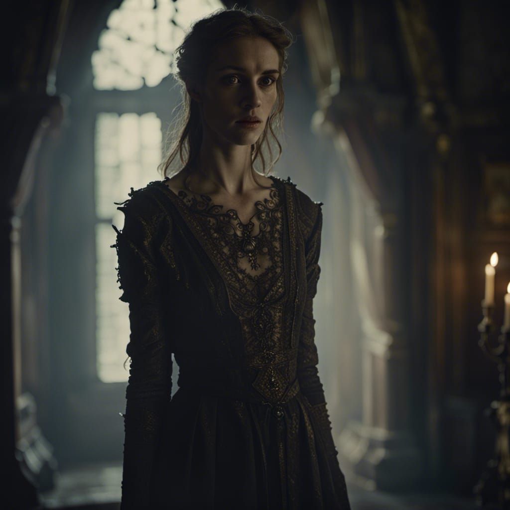 Pale Woman in Castle Interior, Detailed Portrait