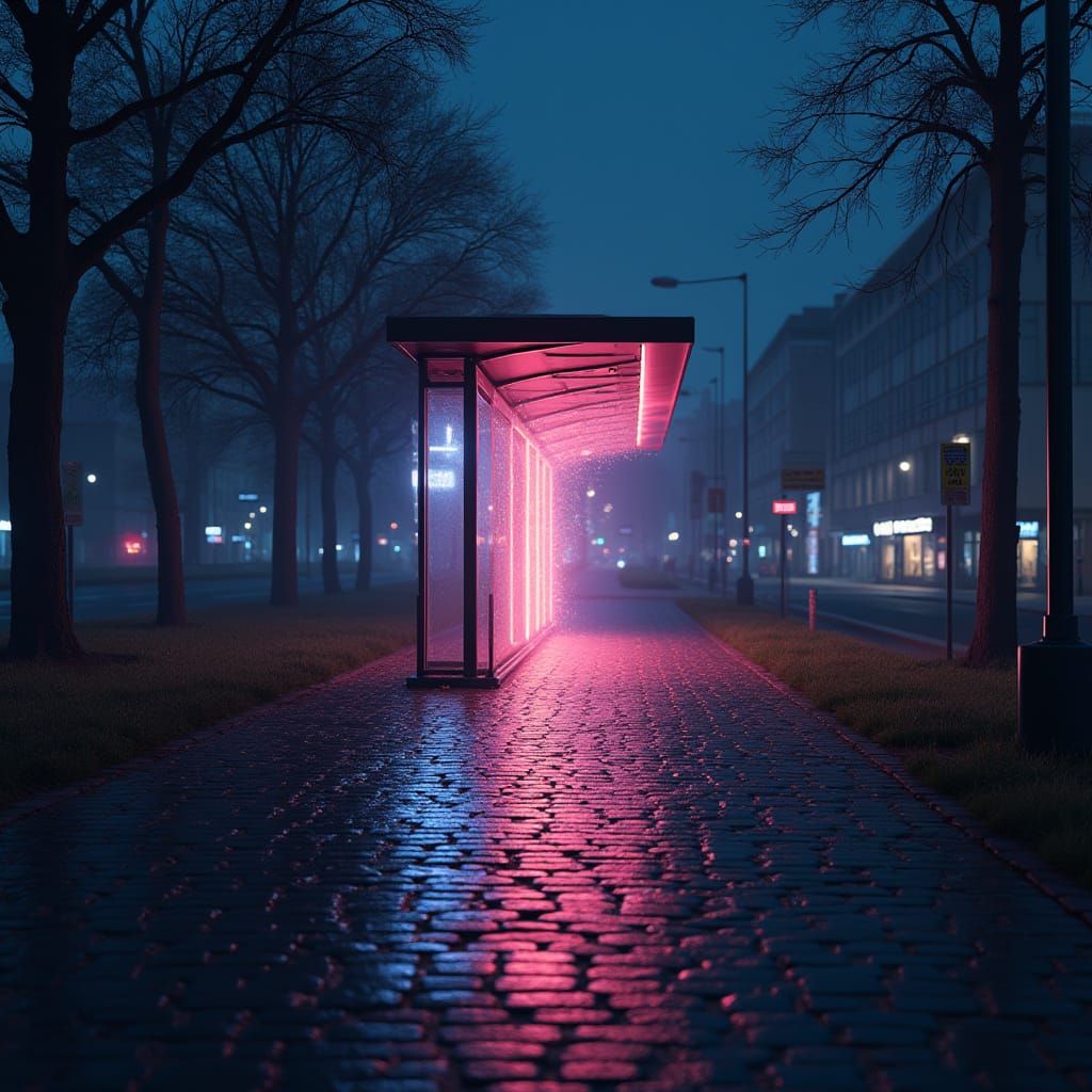 Krakow Bus Stop at Night: Ghostly Energy in 3D
