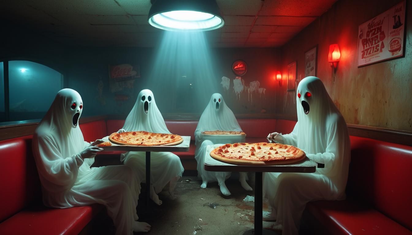 Ghosts' Surreal Pizza Party in Abandoned Hut