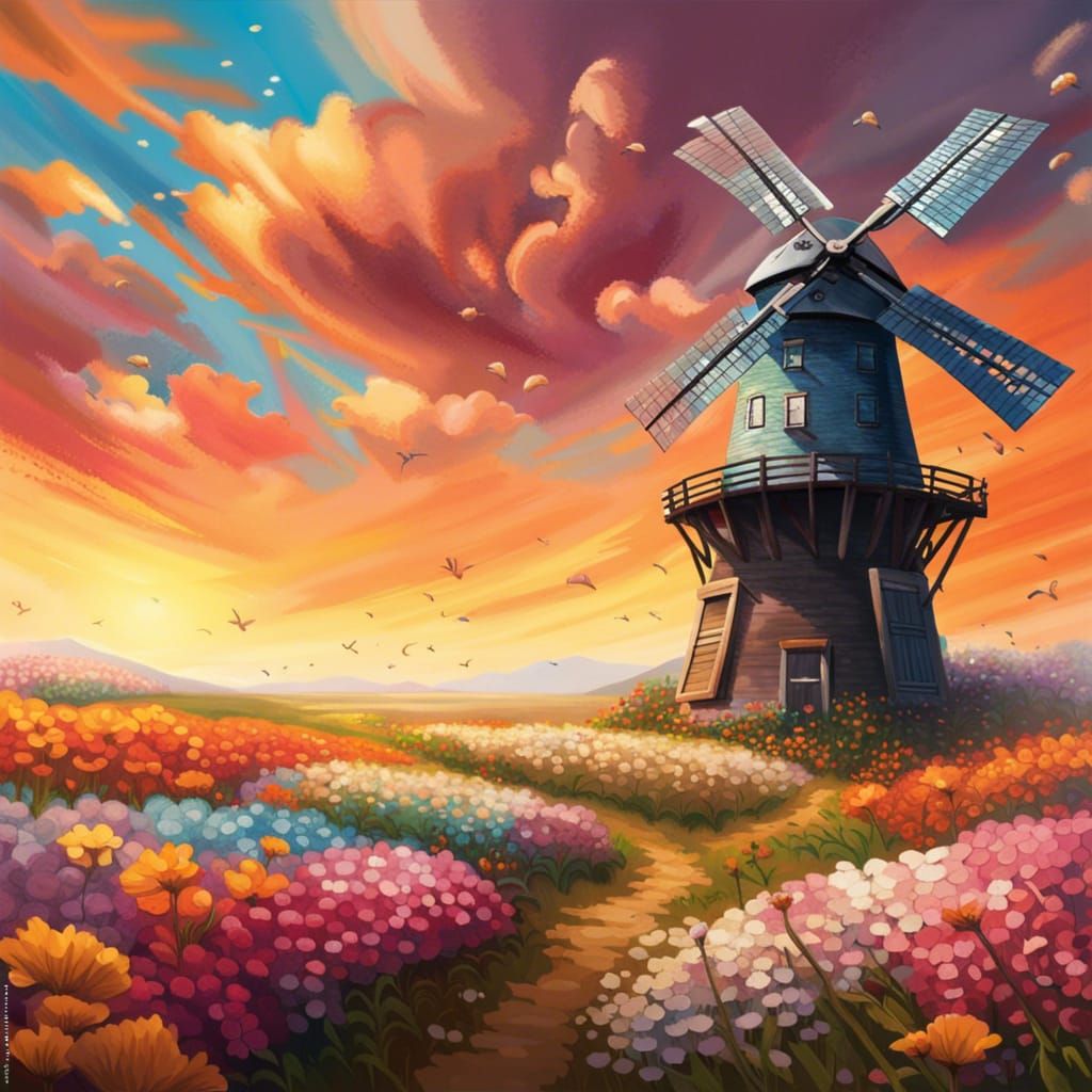 Windmill in field of flowers