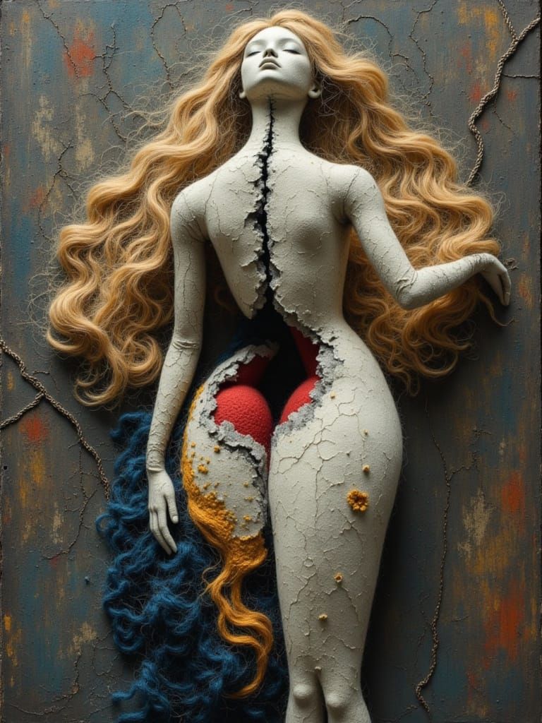 Felt Doll Woman Torn Apart in Digital Art