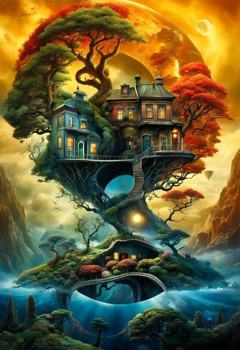 Surreal Stargate Scene with Bonsai and Cottages