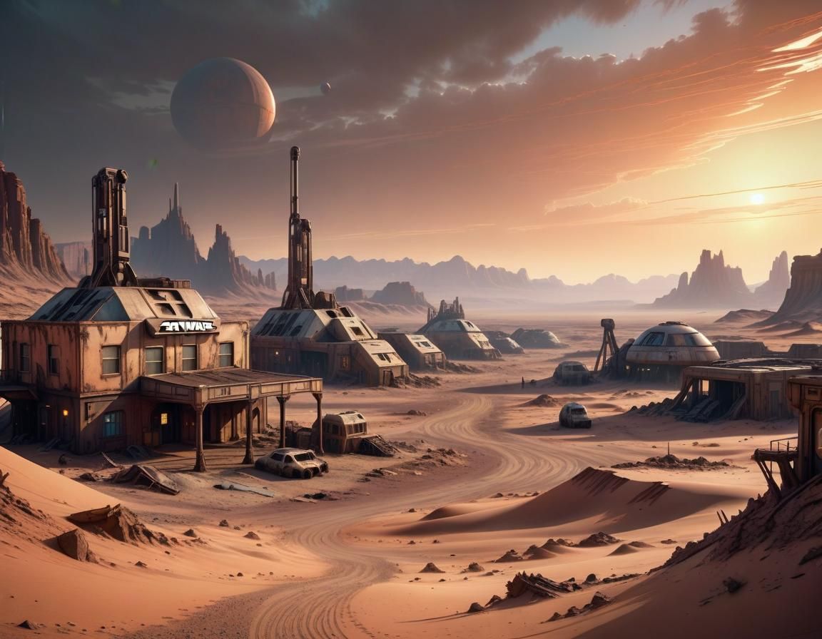 Martian Mining Town Sunset in Sci-Fi Style