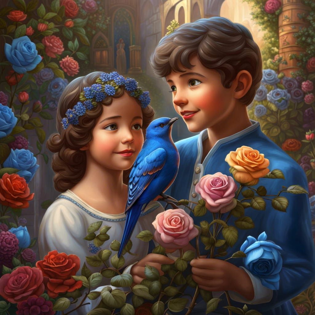 Medieval Garden Scene with Blue Roses