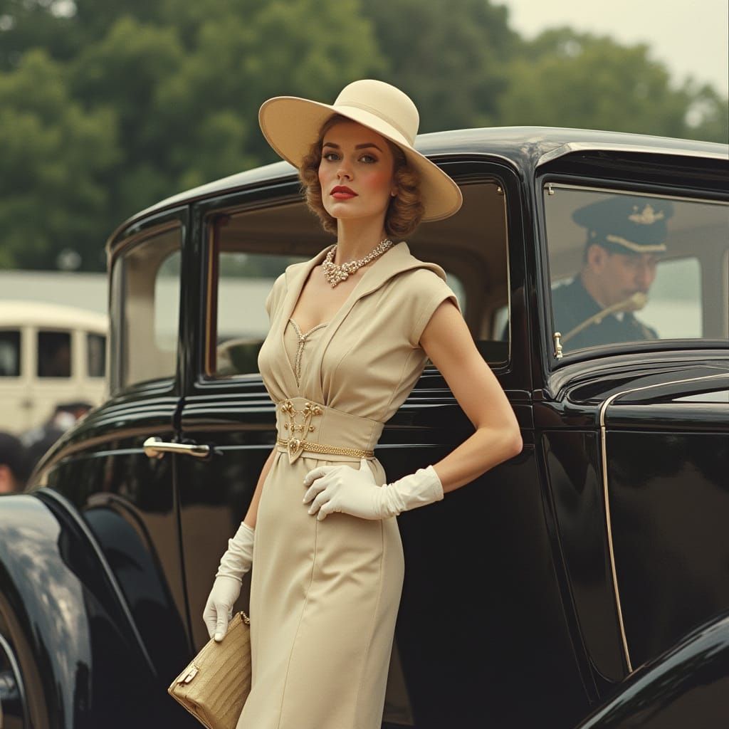 Elegant 1930s Woman in Gatsby-Era Attire with Rolls Royce