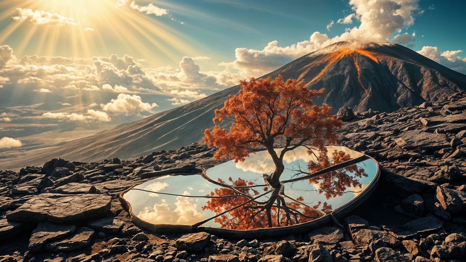 Volcanic Landscape with Flowering Tree Reflected in Cracked ...