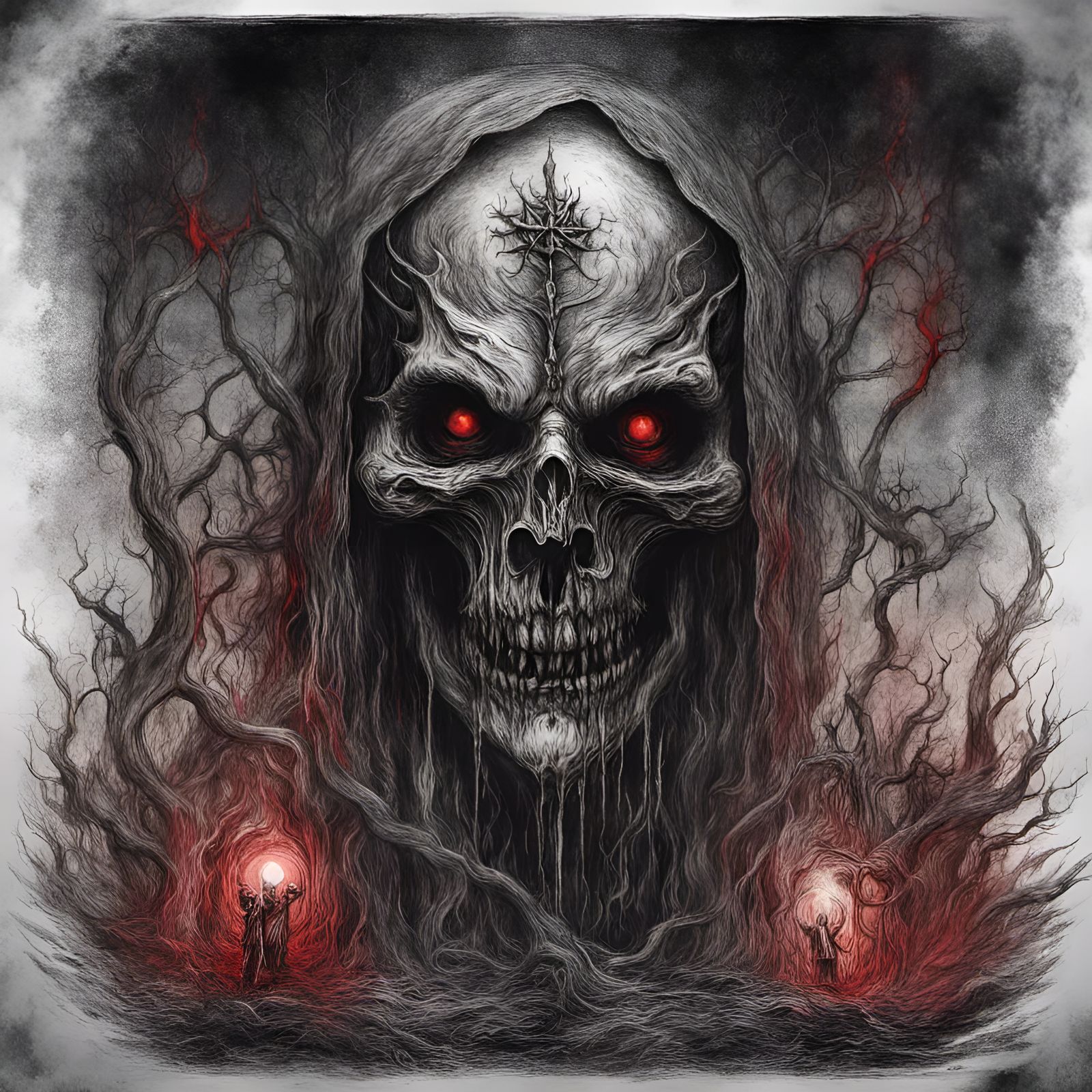 Gates of Hell with Necronomicon Book in Black Metal Style