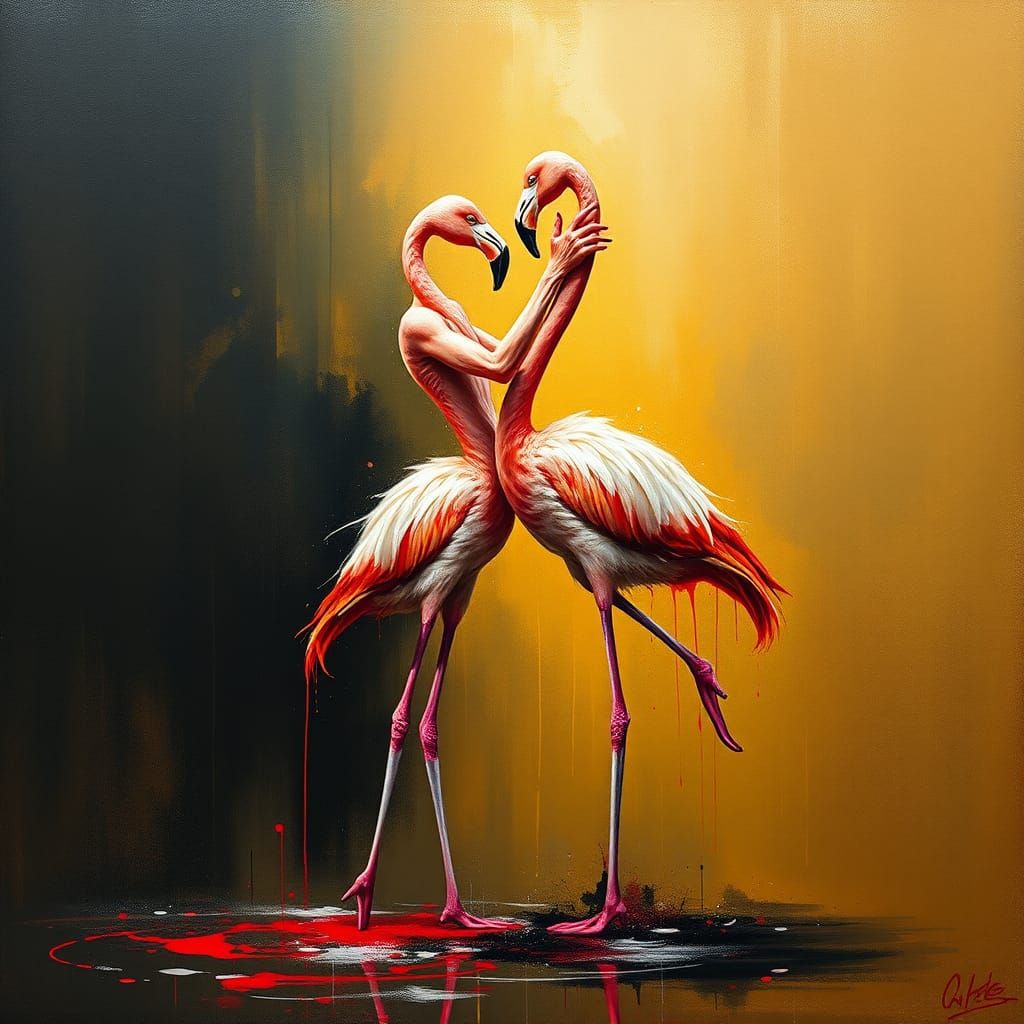 Flamingo Dancers: Vibrant Oil Painting with Brushstrokes