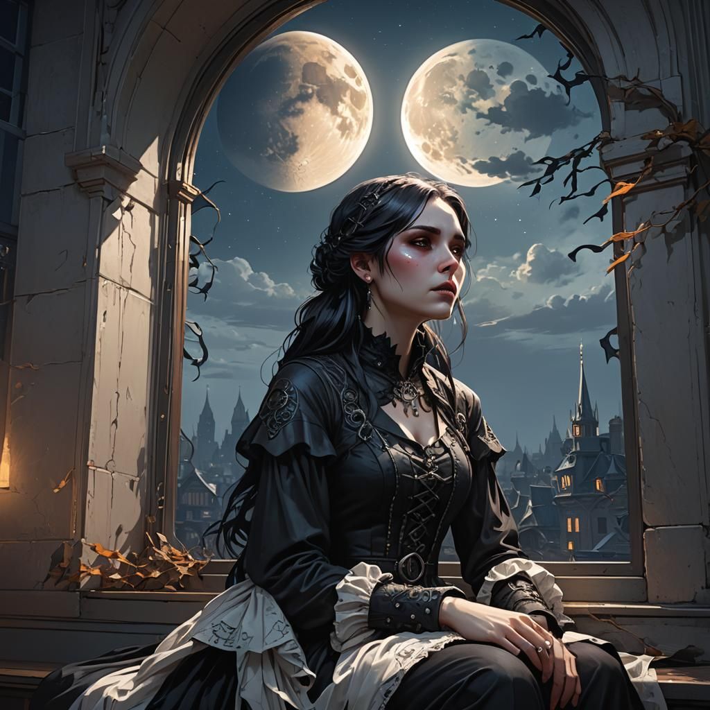Goth Girl Contemplating Moonlit Night in Elegant Portrait