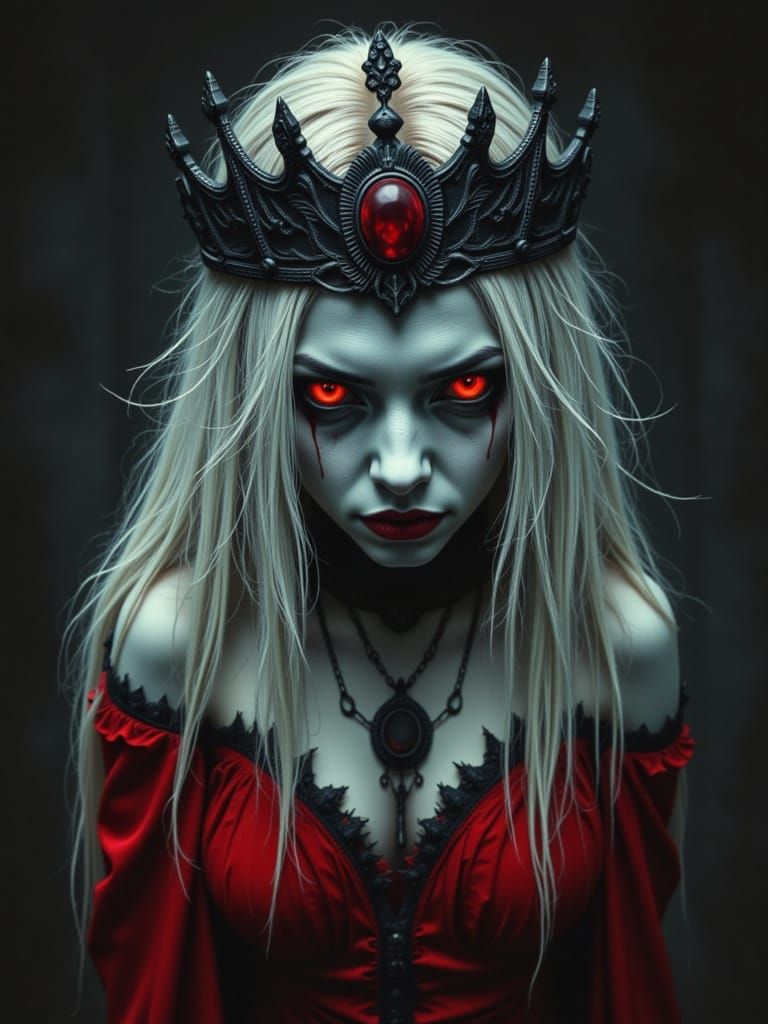 Cursed Queen with Red Eyes in Dark Surrealism Style