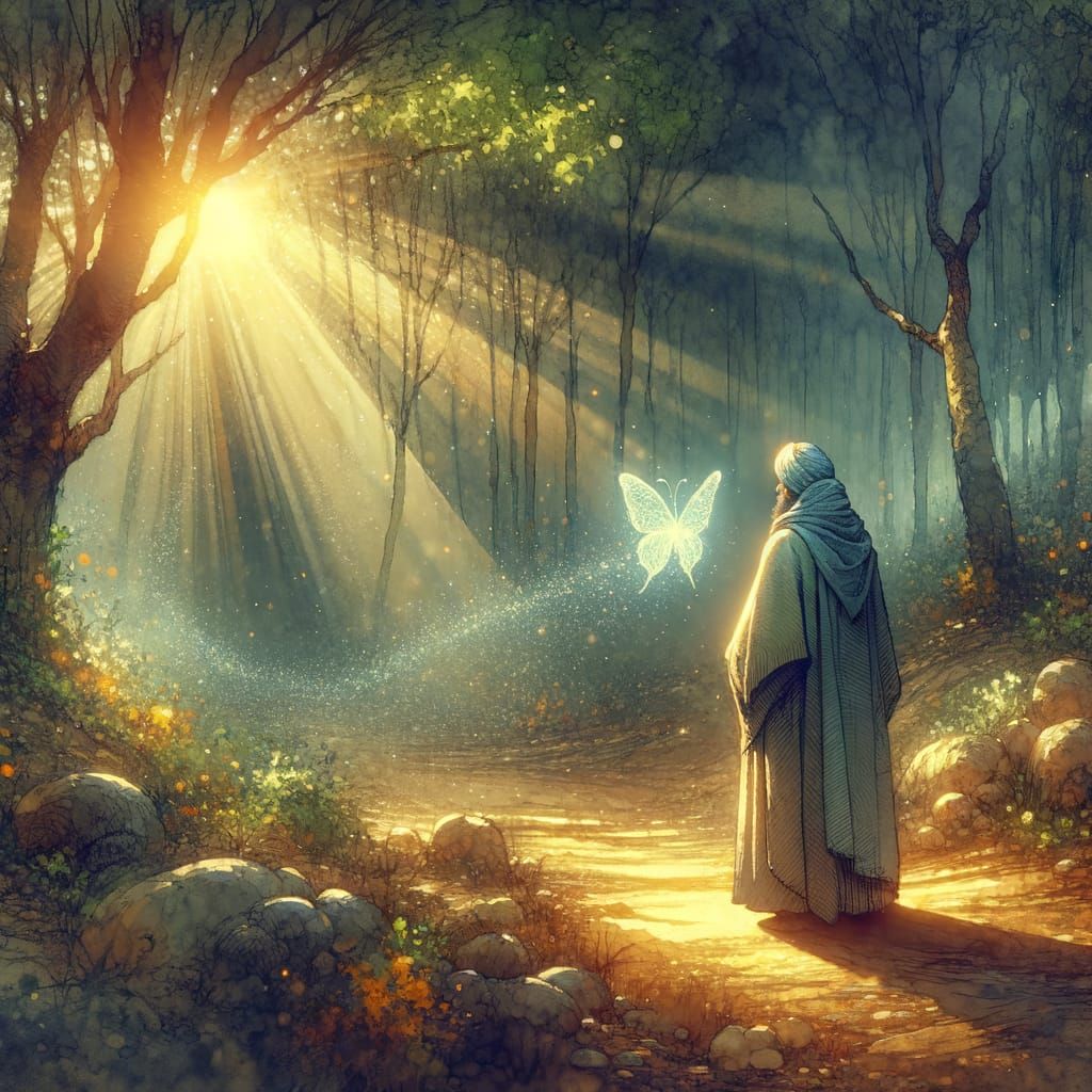 Ethereal Watercolor of Butterfly Emergence in Sun-Dappled Fo...