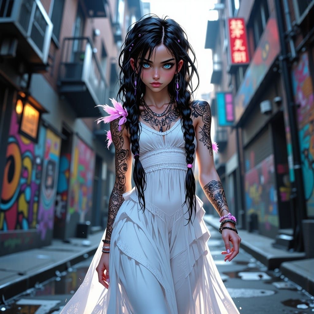 Girl in Neon Makeup Strides Down Futuristic City Street in W...